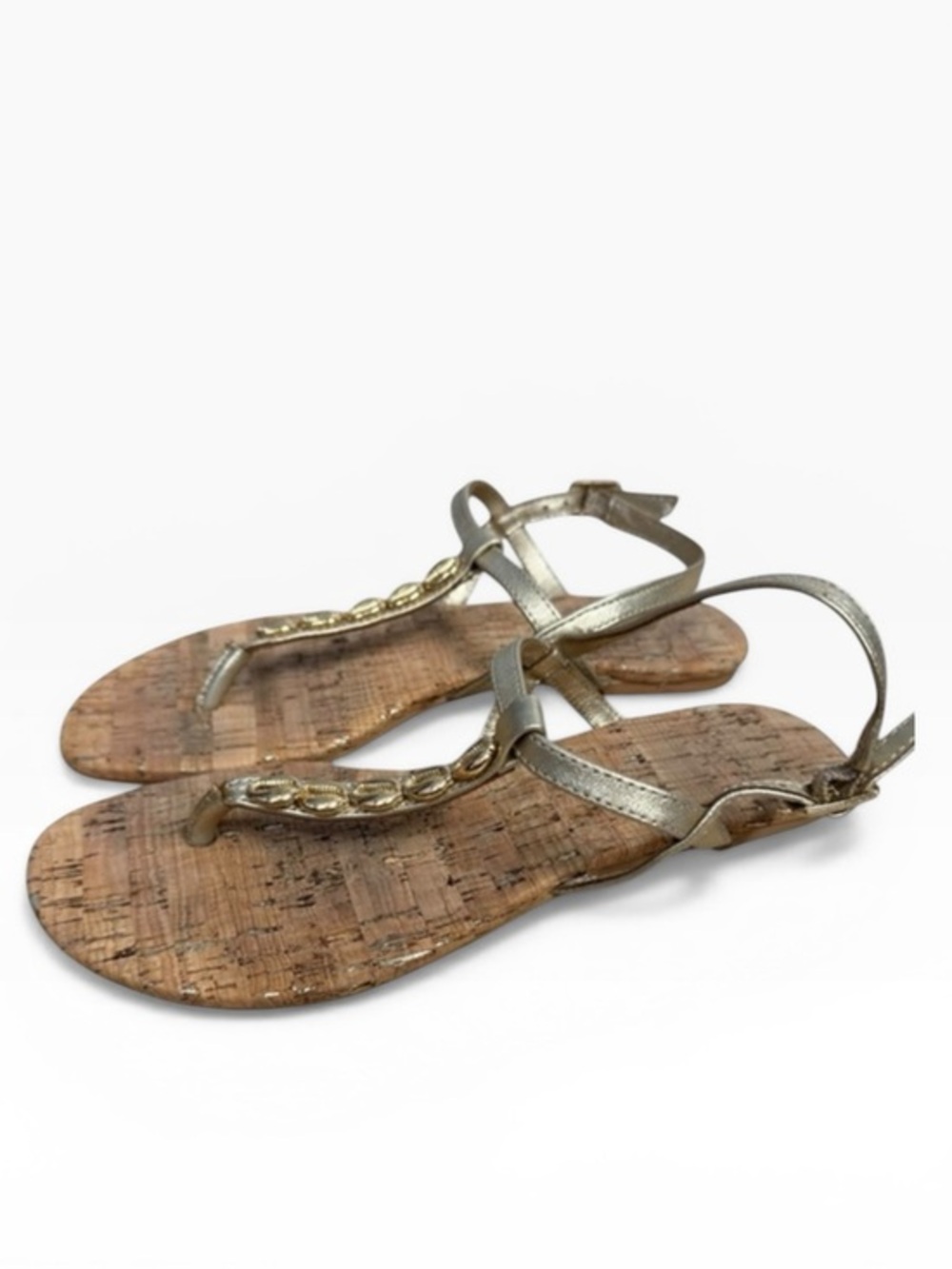 Lilly Pulitzer Gold Shell Thong Sandals Cork Sole Womens US 6 Summer Beach Flat